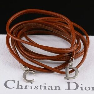 Dior Brown Leather Wrap Bracelet or necklace Silver Charms with box and tag